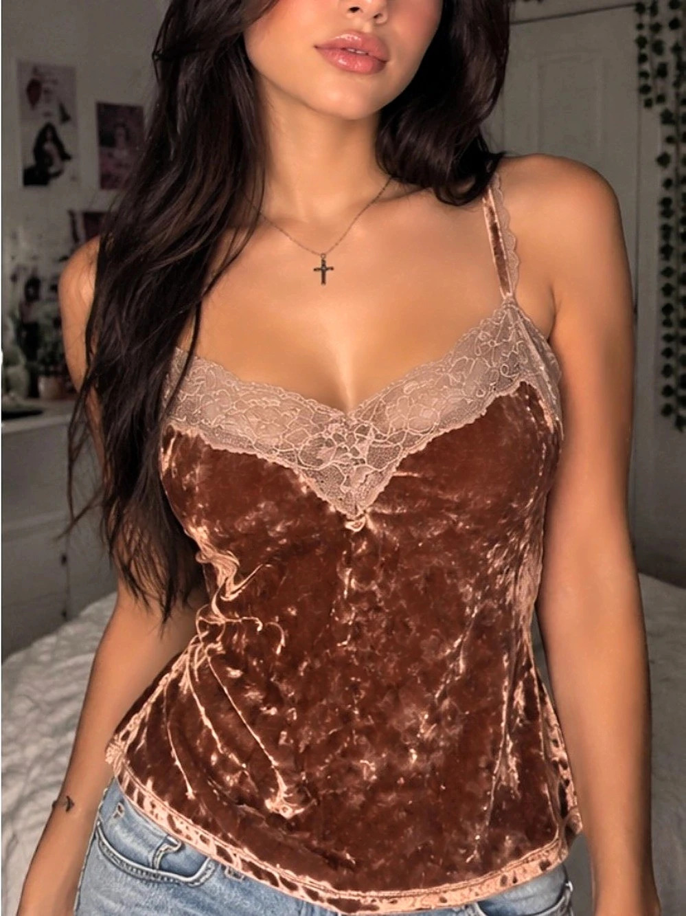 Velvet Lace Trim Camisole in Brown 🤎